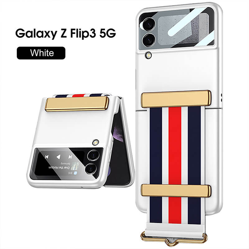 Original Leather Strap Holder Back Screen Glass Hard Cover For Samsung Z Flip 3 5G
