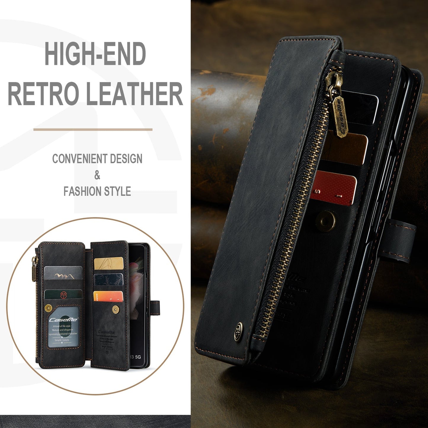 Leather Samsung Galaxy Z Fold4 5G Wallet Case With Lanyard Strap Wristlet Zipper Card Holder Case