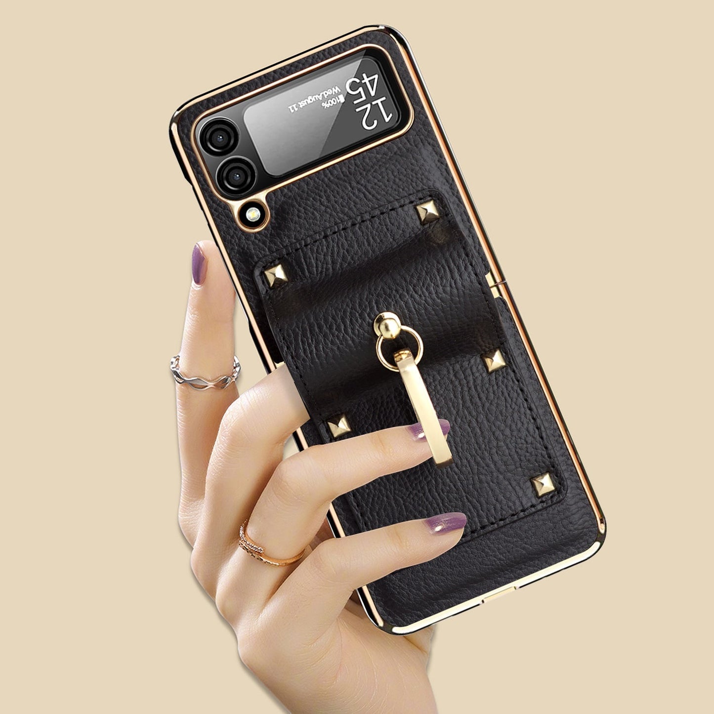 Samsung Galaxy Z Flip4 5G Case Plating Hinge PU Leather Protection Ring Stand Cover for Samsung Z Flip4