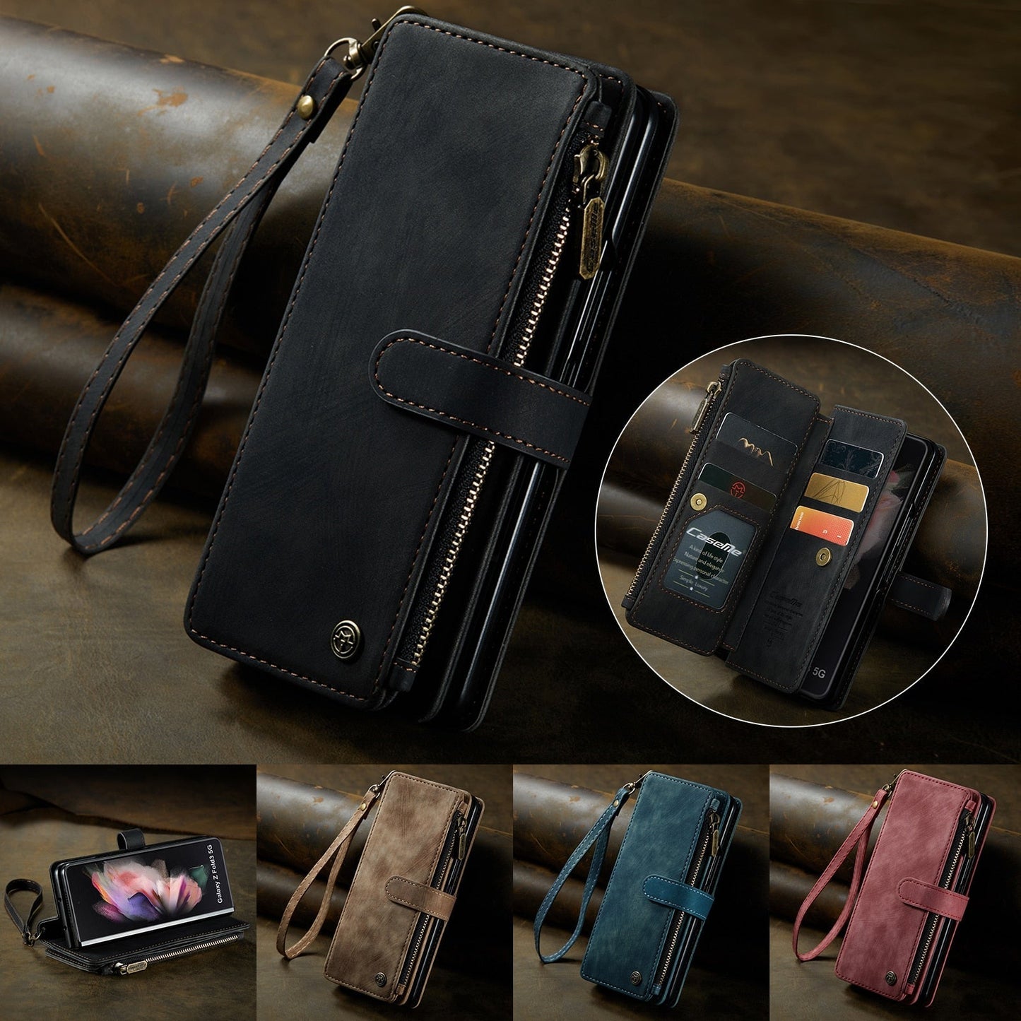 Leather Samsung Galaxy Z Fold4 5G Wallet Case With Lanyard Strap Wristlet Zipper Card Holder Case