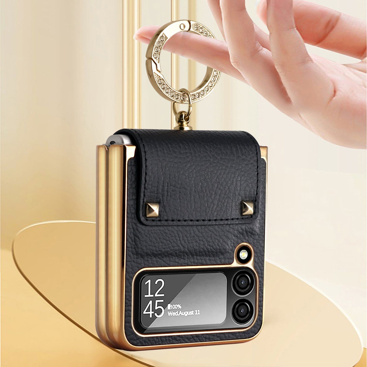 Samsung Galaxy Z Flip4 5G Case Plating Hinge PU Leather Protection Ring Stand Cover for Samsung Z Flip4