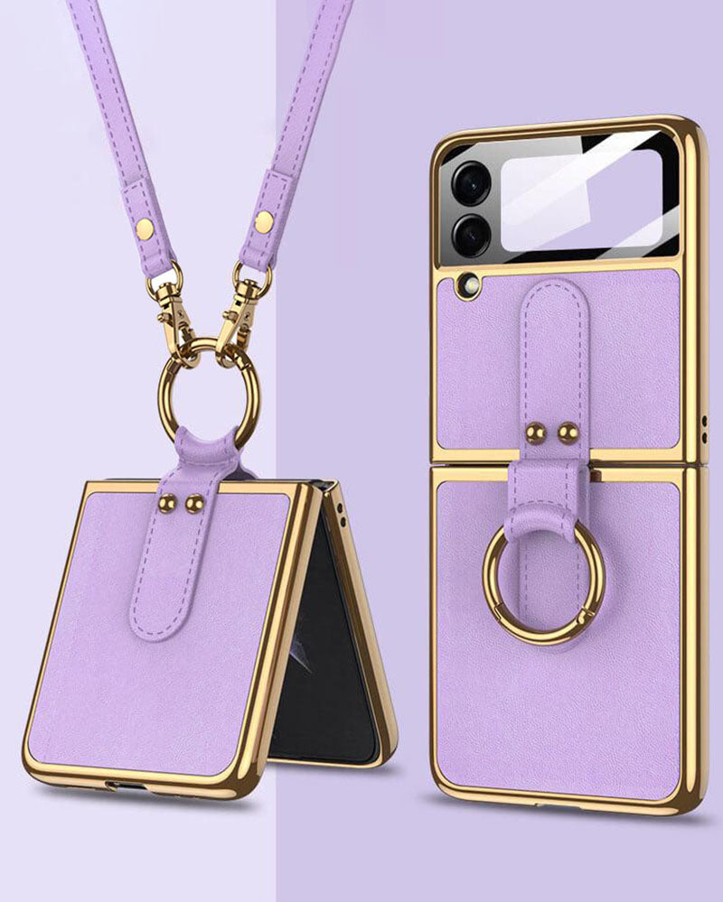 Leather Back Screen Tempered Glass Hard Frame Case For Samsung Galaxy Z Flip4 5G With Lanyard