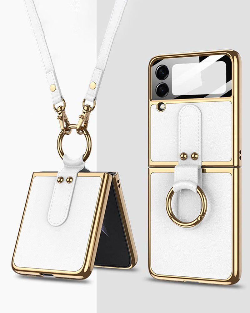 Leather Back Screen Tempered Glass Hard Frame Case For Samsung Galaxy Z Flip4 5G With Lanyard