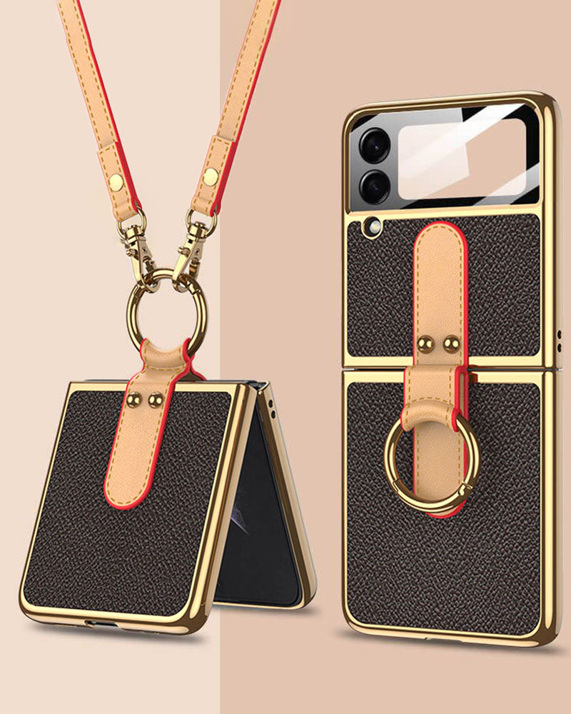 Leather Back Screen Tempered Glass Hard Frame Case For Samsung Galaxy Z Flip4 5G With Lanyard
