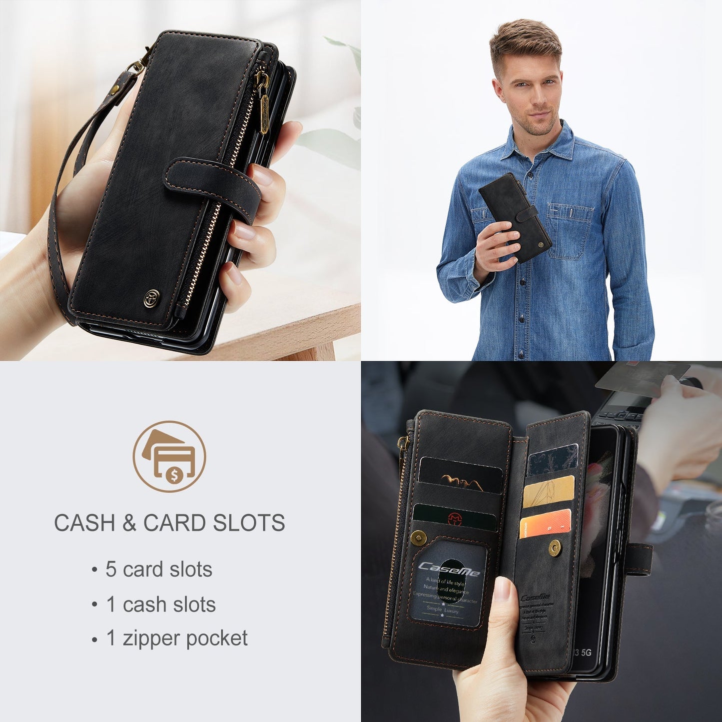 Leather Samsung Galaxy Z Fold4 5G Wallet Case With Lanyard Strap Wristlet Zipper Card Holder Case