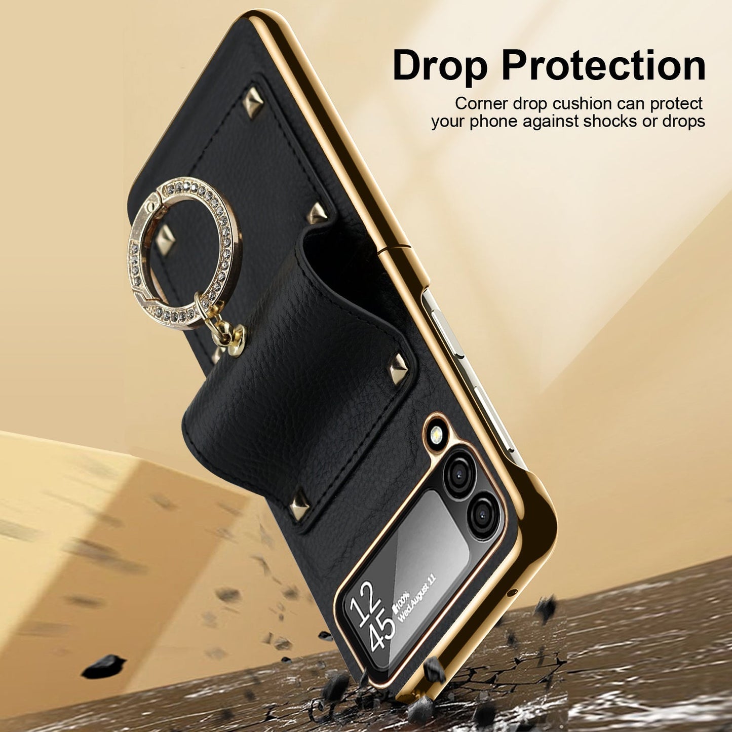 Samsung Galaxy Z Flip4 5G Case Plating Hinge PU Leather Protection Ring Stand Cover for Samsung Z Flip4