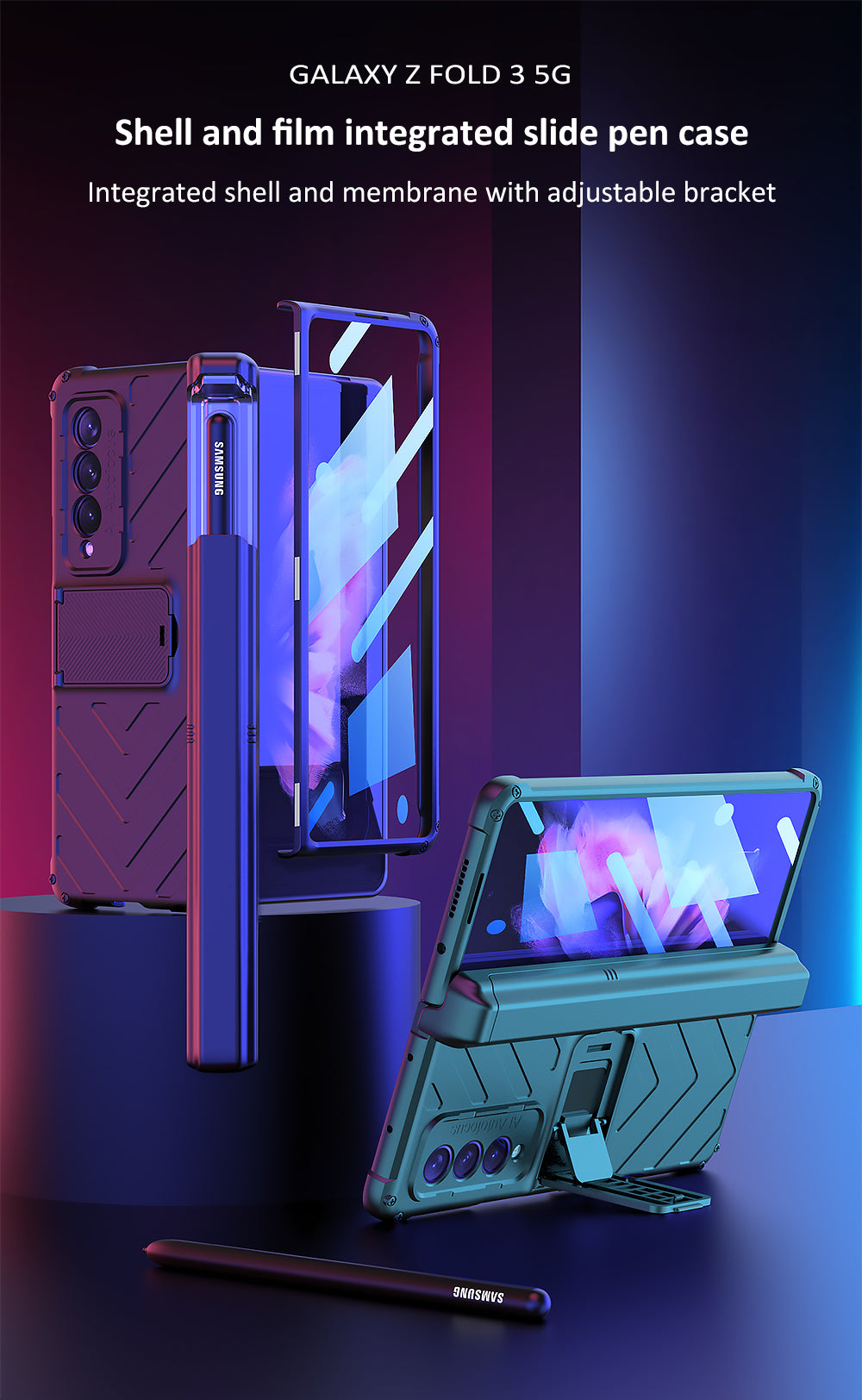 All-included Magnetic Hinge Screen Glass Case For Samsung Galaxy Z Fold 3 Case Slide Pen Holder Cover For Galaxy Z Fold3 5G