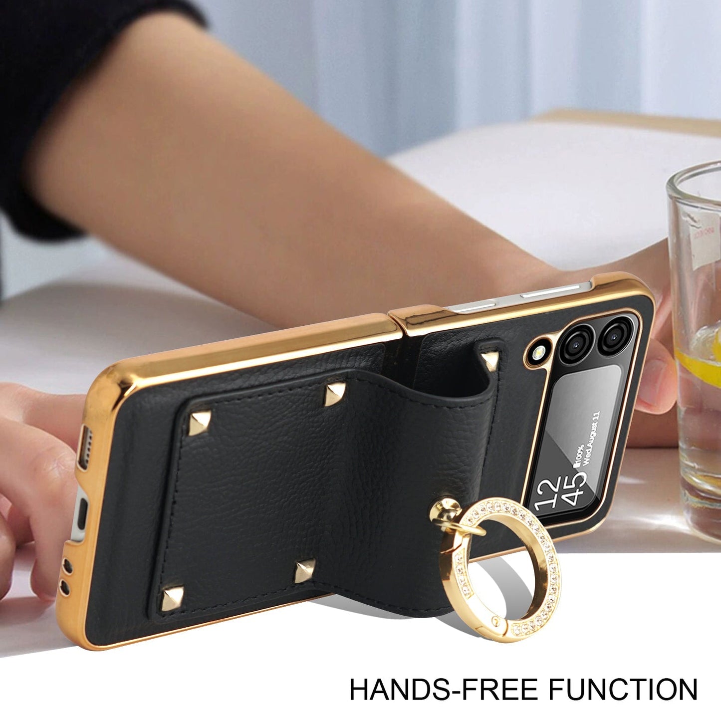 Samsung Galaxy Z Flip4 5G Case Plating Hinge PU Leather Protection Ring Stand Cover for Samsung Z Flip4