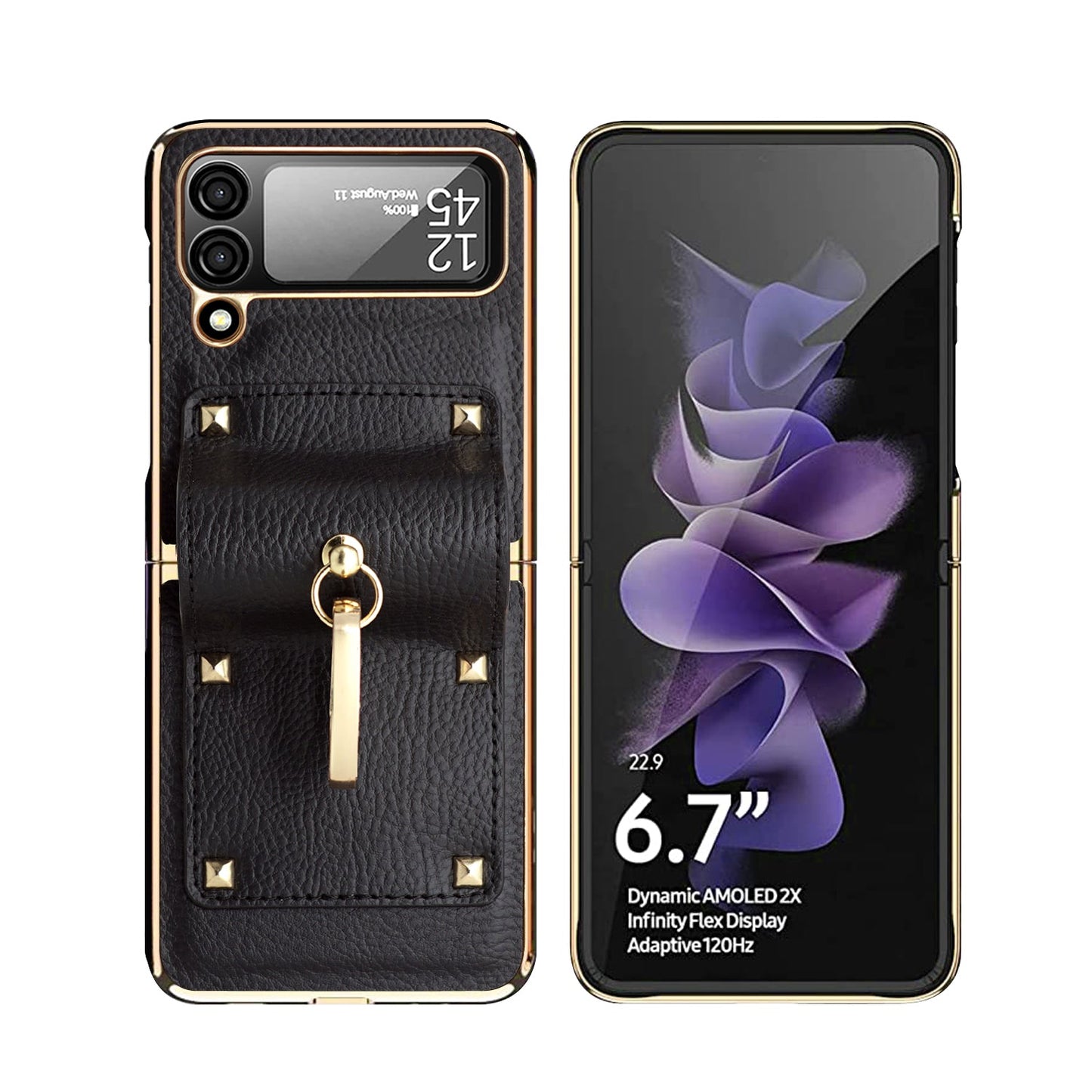 Samsung Galaxy Z Flip4 5G Case Plating Hinge PU Leather Protection Ring Stand Cover for Samsung Z Flip4