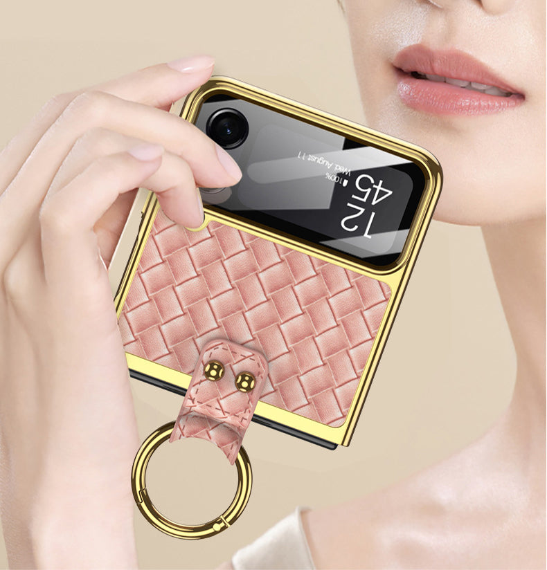Leather Weaving Case For Samsung Galaxy Z Flip4 5G With Back Screen Protector And Ring Holder
