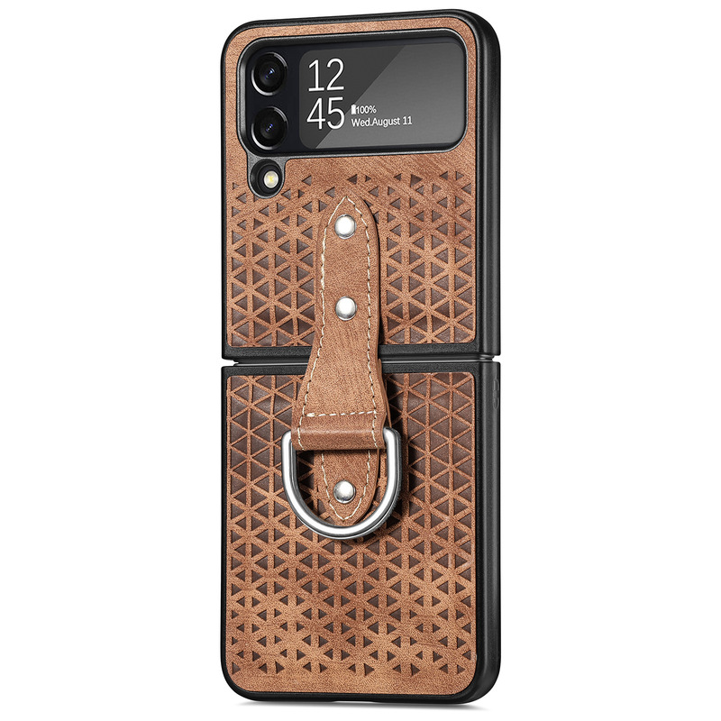 Leather Cutout Pattern Ring Galaxy Z Flip4 5G Case Support Wireless Charging