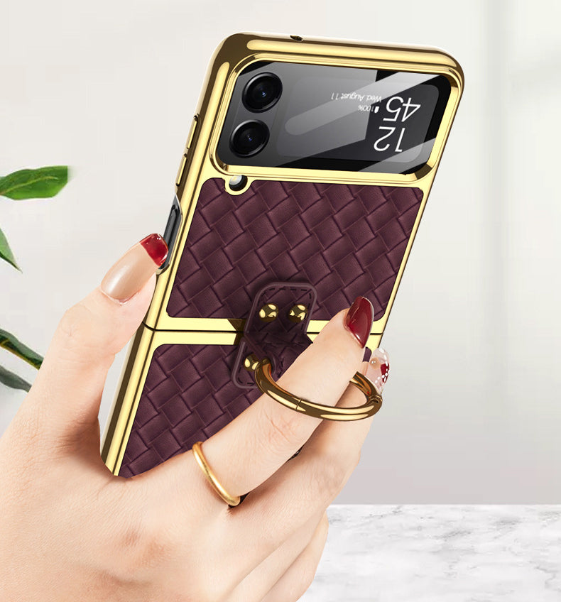 Leather Weaving Case For Samsung Galaxy Z Flip4 5G With Back Screen Protector And Ring Holder