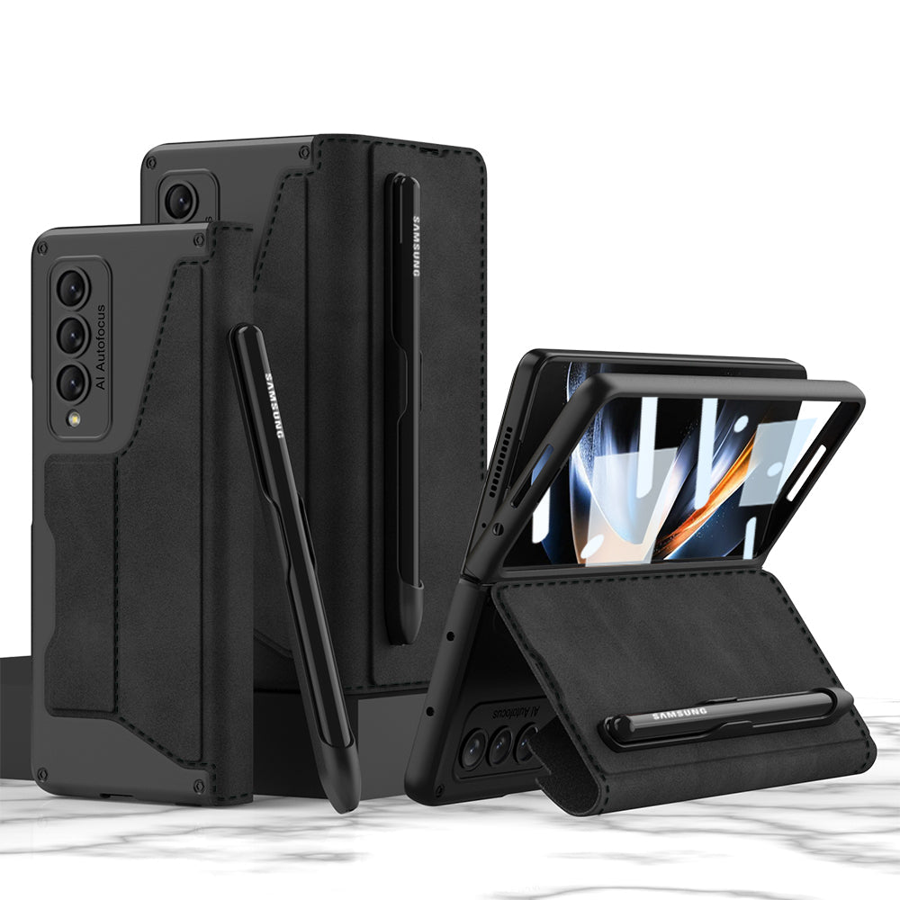 Leather Wallet Samsung Galaxy Z Fold4 5G Case With Detachable Velcro Pen Slot