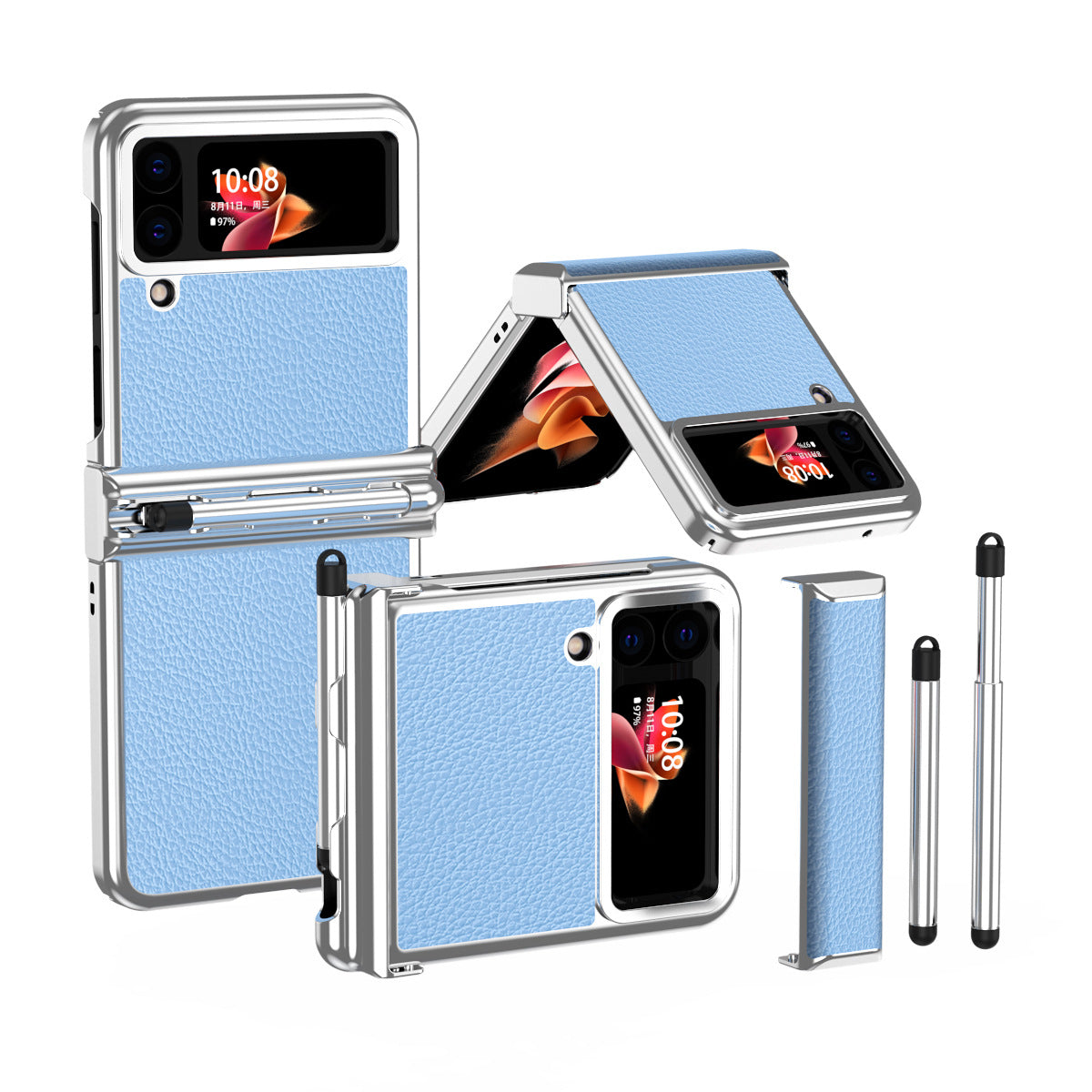 Luxury Leather Case For Samsung Galaxy Z Flip6/Flip5/Flip4/Flip3 With Double Hinge + Retractable Stylus