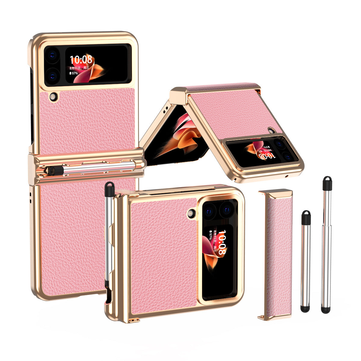 Luxury Leather Case For Samsung Galaxy Z Flip6/Flip5/Flip4/Flip3 With Double Hinge + Retractable Stylus