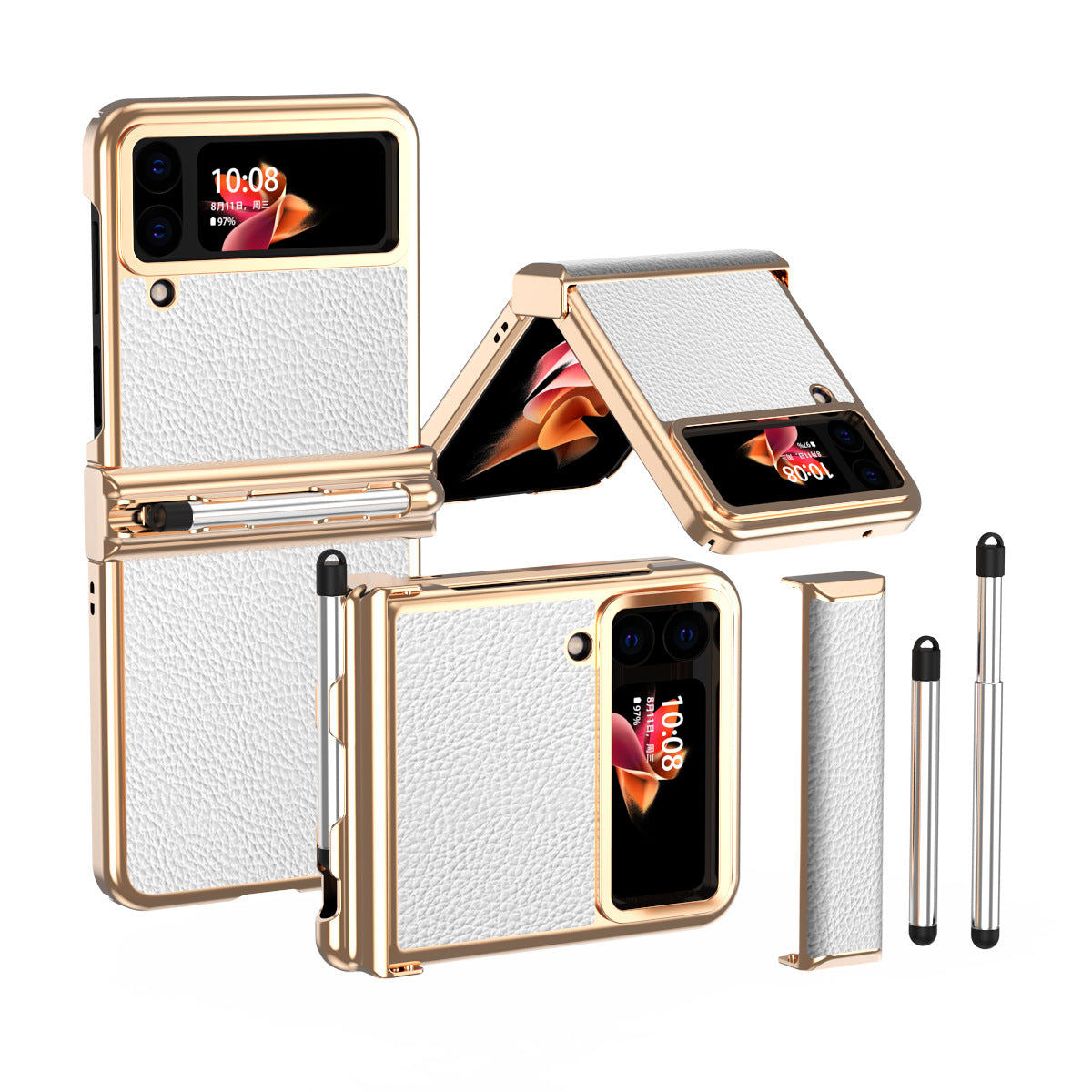 Luxury Leather Case For Samsung Galaxy Z Flip6/Flip5/Flip4/Flip3 With Double Hinge + Retractable Stylus