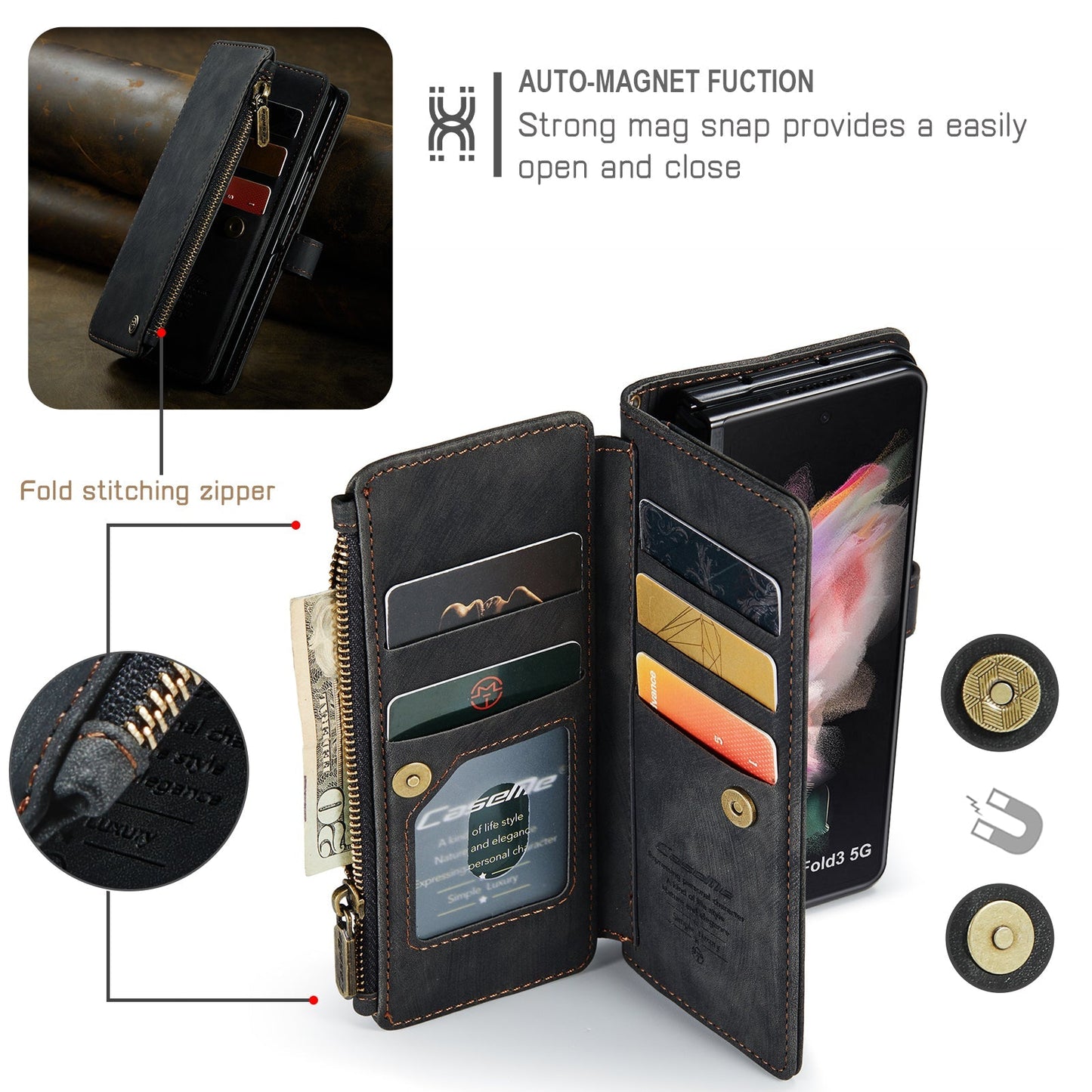 Leather Samsung Galaxy Z Fold4 5G Wallet Case With Lanyard Strap Wristlet Zipper Card Holder Case