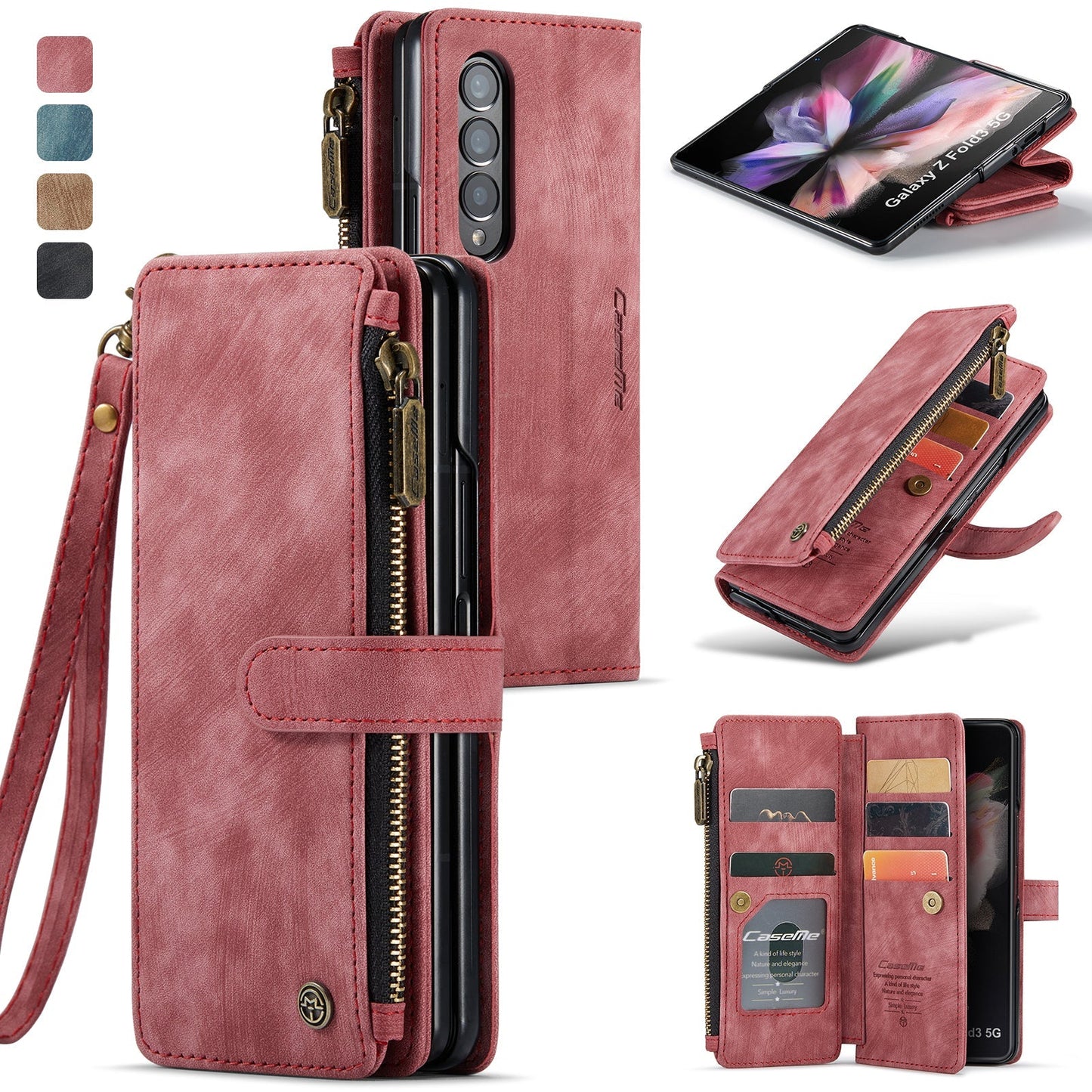 Leather Samsung Galaxy Z Fold4 5G Wallet Case With Lanyard Strap Wristlet Zipper Card Holder Case