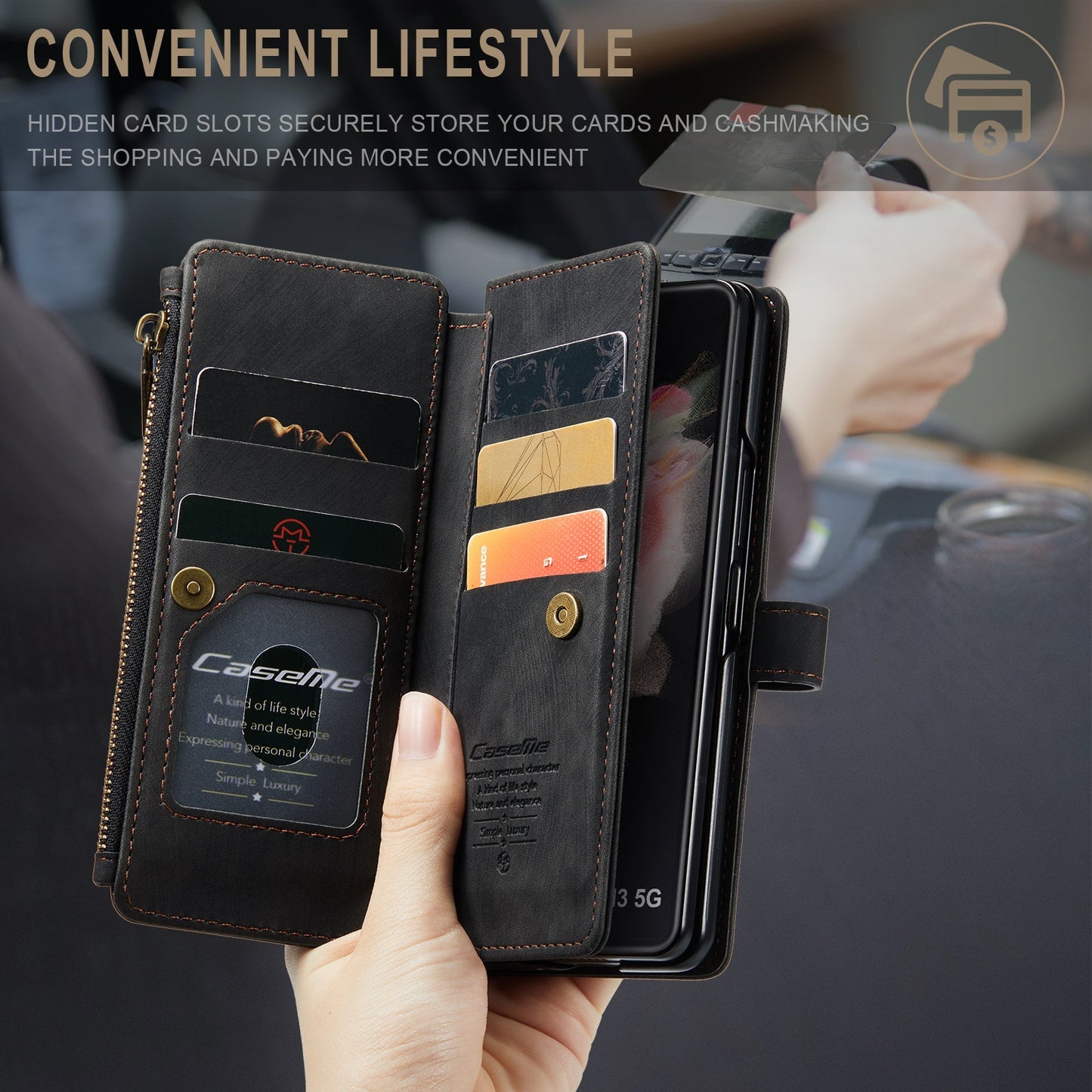 Leather Samsung Galaxy Z Fold4 5G Wallet Case With Lanyard Strap Wristlet Zipper Card Holder Case