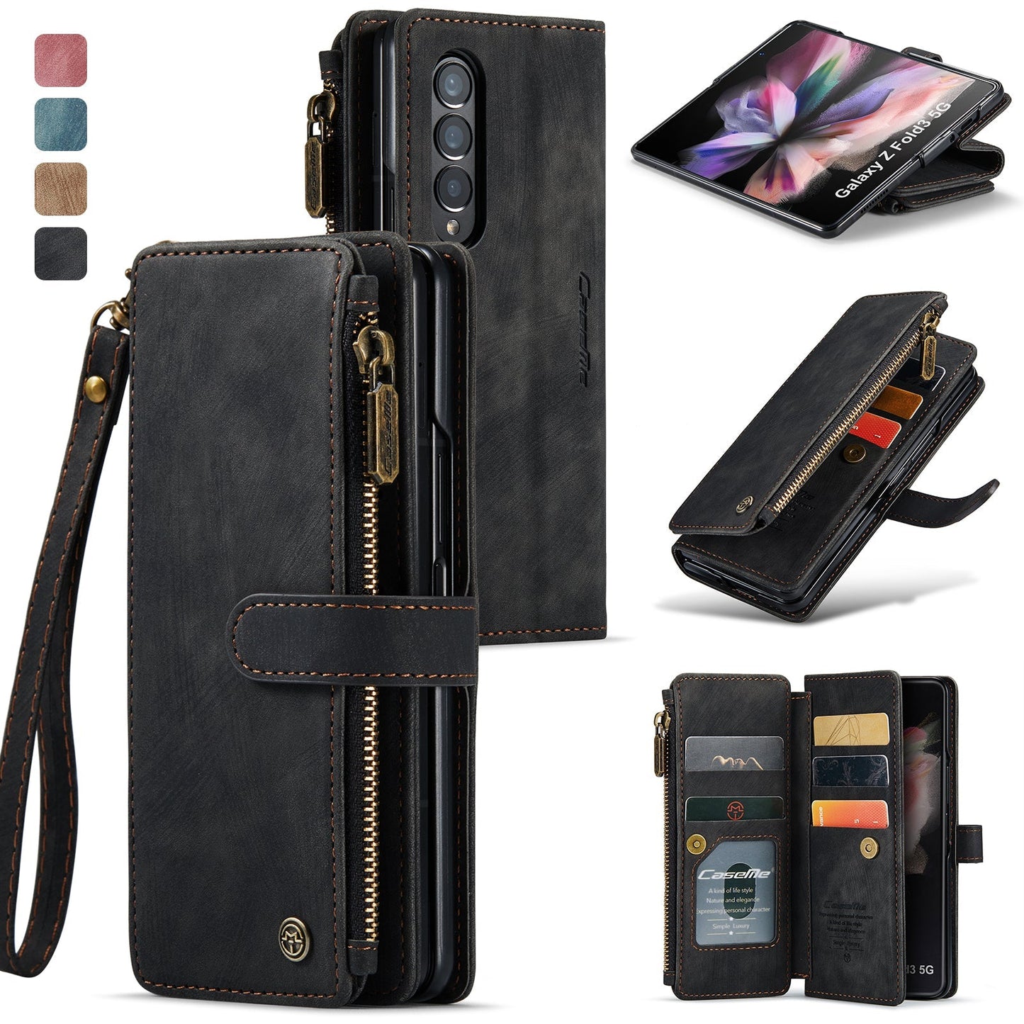 Leather Samsung Galaxy Z Fold4 5G Wallet Case With Lanyard Strap Wristlet Zipper Card Holder Case