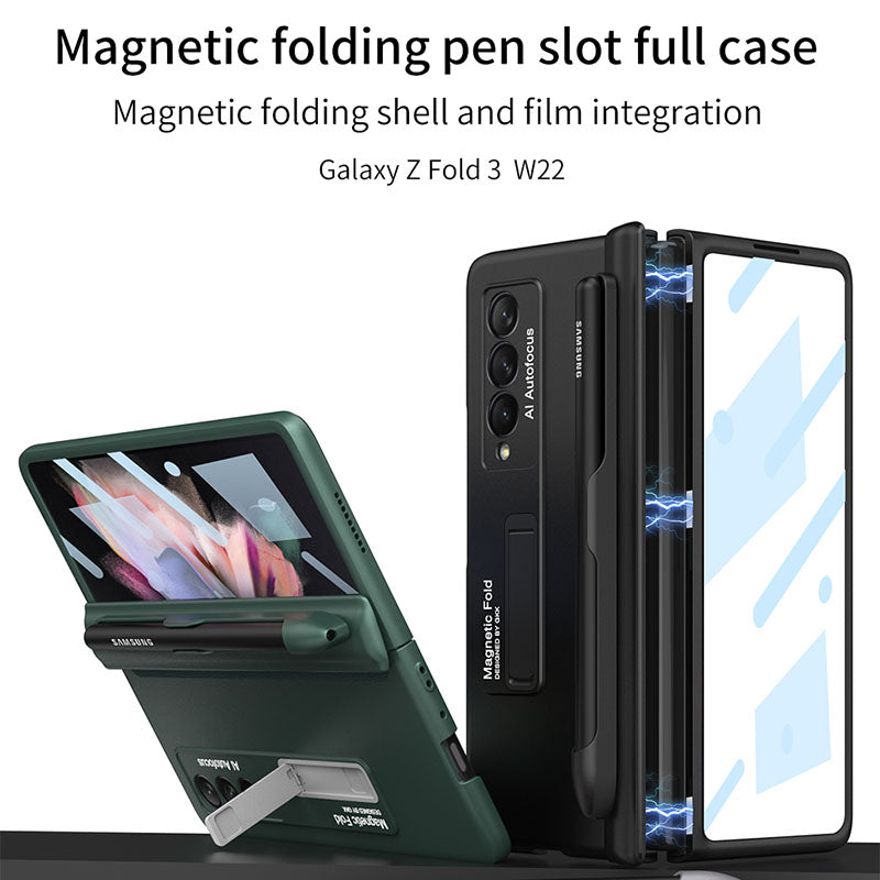 Magnetic Frame Plastic Stand Tempered Glass Screen All-included Case With Pen Slot For Samsung Galaxy Z Fold 3 5G
