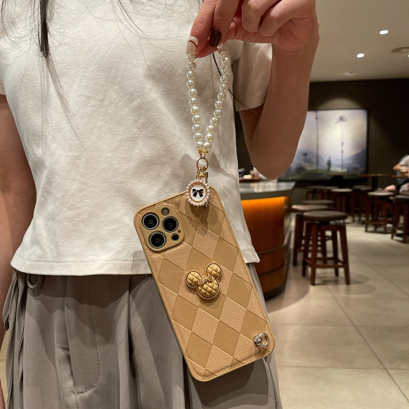 Stylish Leather Mickey iPhone Case With Pearl Bracelet + Strap