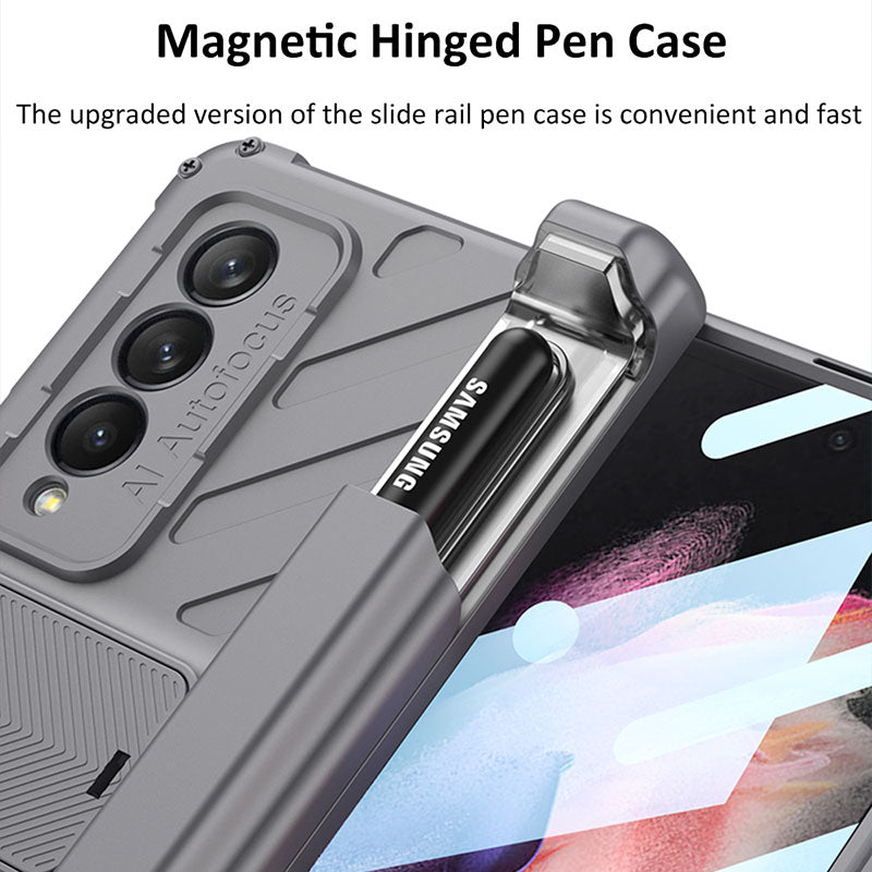 Magnetic Armor All-included Slide Pen Case With Back Screen Glass Hinge Holder Phone Cover For Samsung Galaxy Z Fold 3 5G