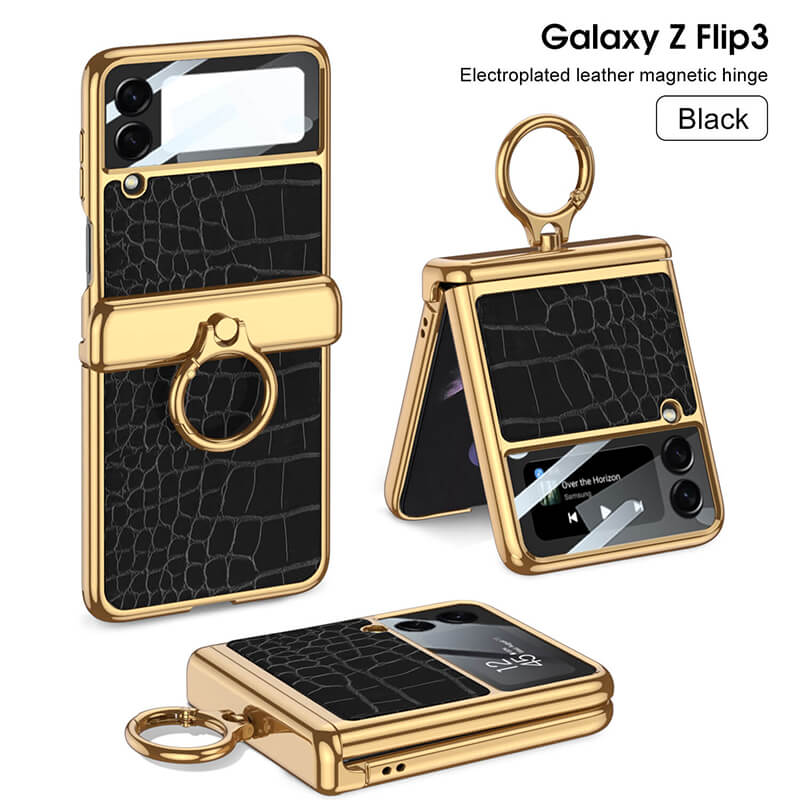 Golden Frame Leather Magnetic Hinge Ring Holder Case For Samsung Galaxy Z Flip5 Flip4 Flip3