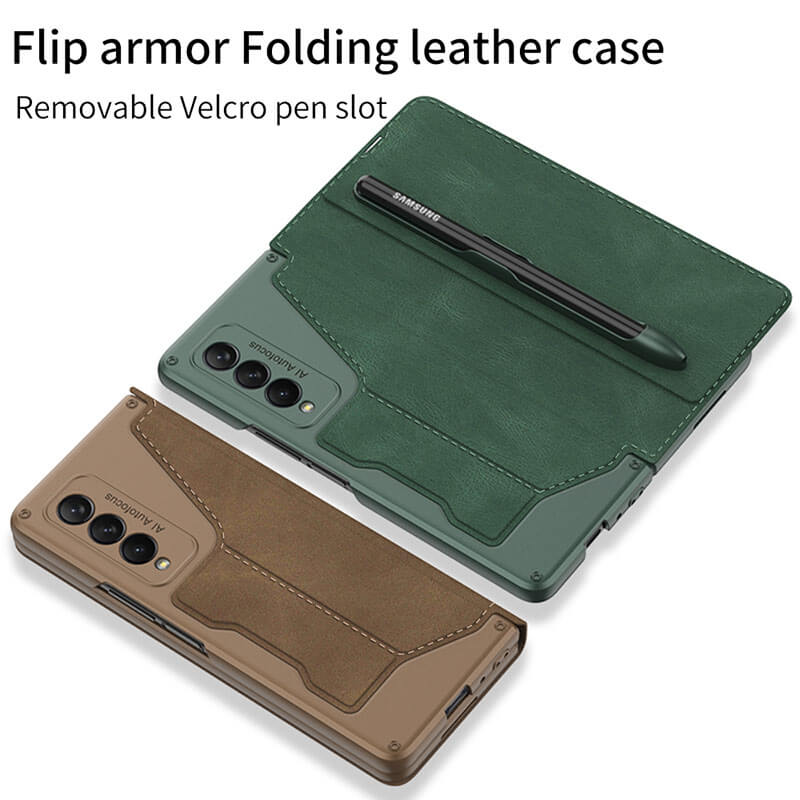 Leather Pen Holder Armor Back Case For Samsung Galaxy Z Fold 3 5G