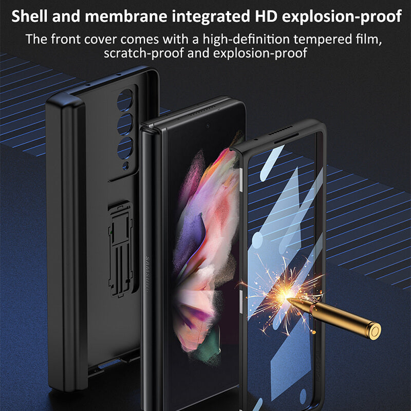 Magnetic Leather Frame Stand All-included Screen Glass Film Case With Hidden S Pen Slot For Samsung Galaxy Z Fold 3 5G - GiftJupiter