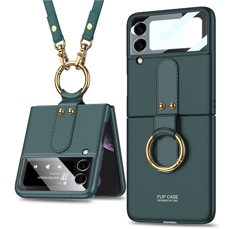 Original Back Screen Glass Matte Hard Cover With Finger-Ring And Lanyard For Samsung Z Flip3 5G