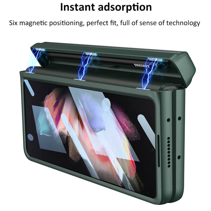 Magnetic Leather Frame Stand All-included Screen Glass Film Case With Hidden S Pen Slot For Samsung Galaxy Z Fold 3 5G - GiftJupiter