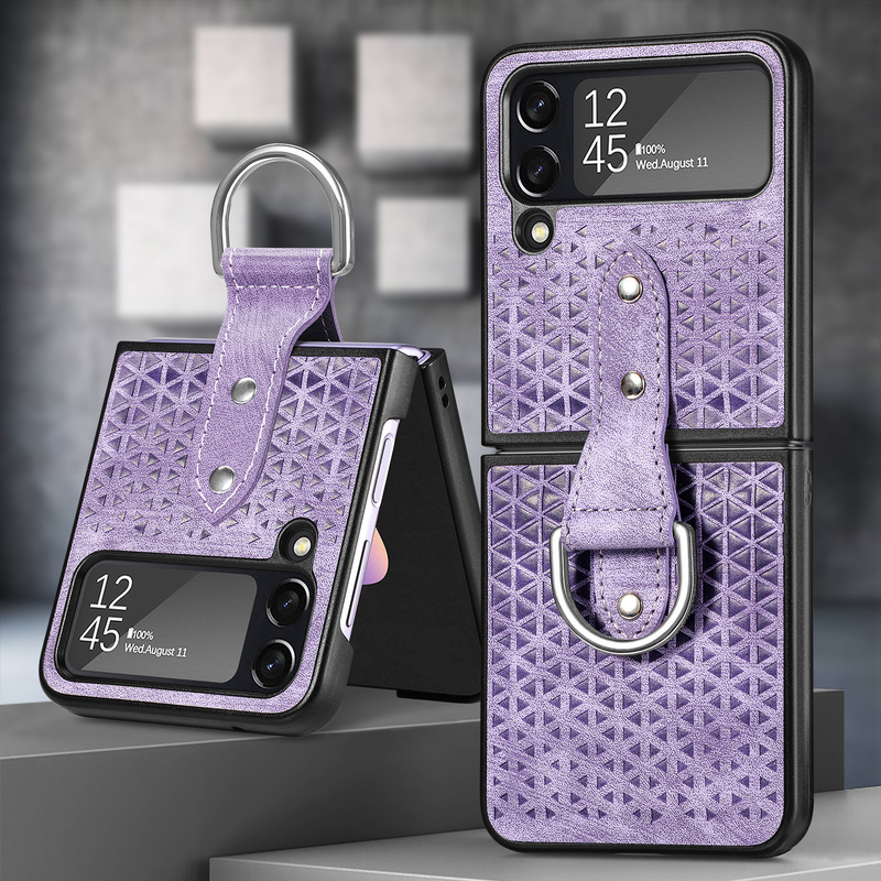 Leather Cutout Pattern Ring Galaxy Z Flip4 5G Case Support Wireless Charging
