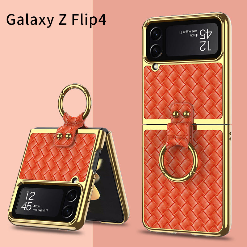 Leather Weaving Case For Samsung Galaxy Z Flip4 5G With Back Screen Protector And Ring Holder