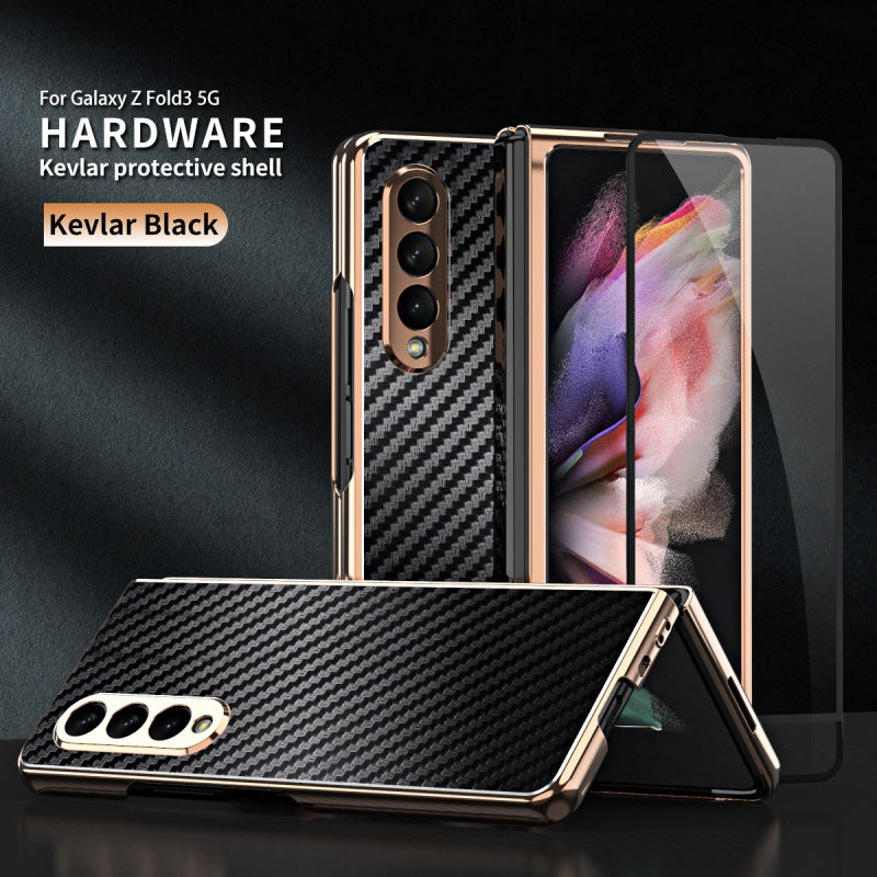 Golden Frame Carbon Fiber Tempered Glass Film Phone Case For Samsung Galaxy Z Fold 3 5G