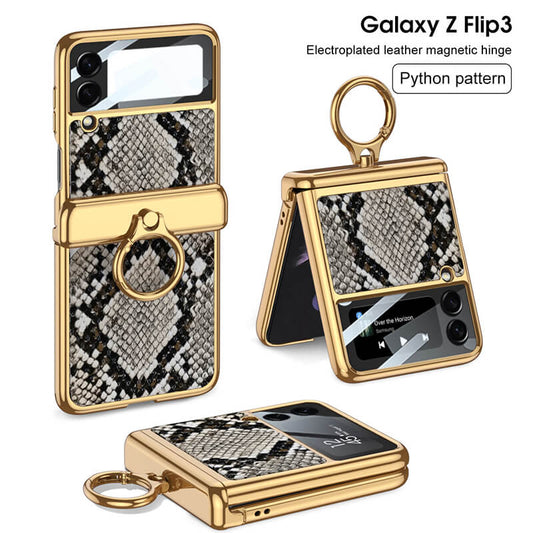 Golden Frame Leather Magnetic Hinge Ring Holder Case For Samsung Galaxy Z Flip5 Flip4 Flip3