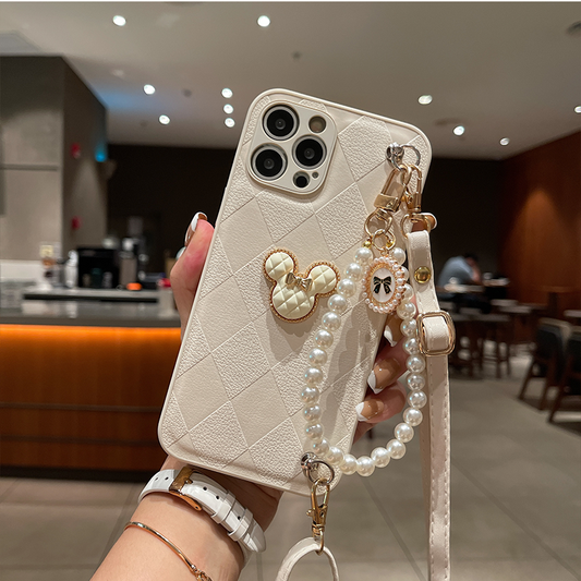Stylish Leather Mickey iPhone Case With Pearl Bracelet + Strap