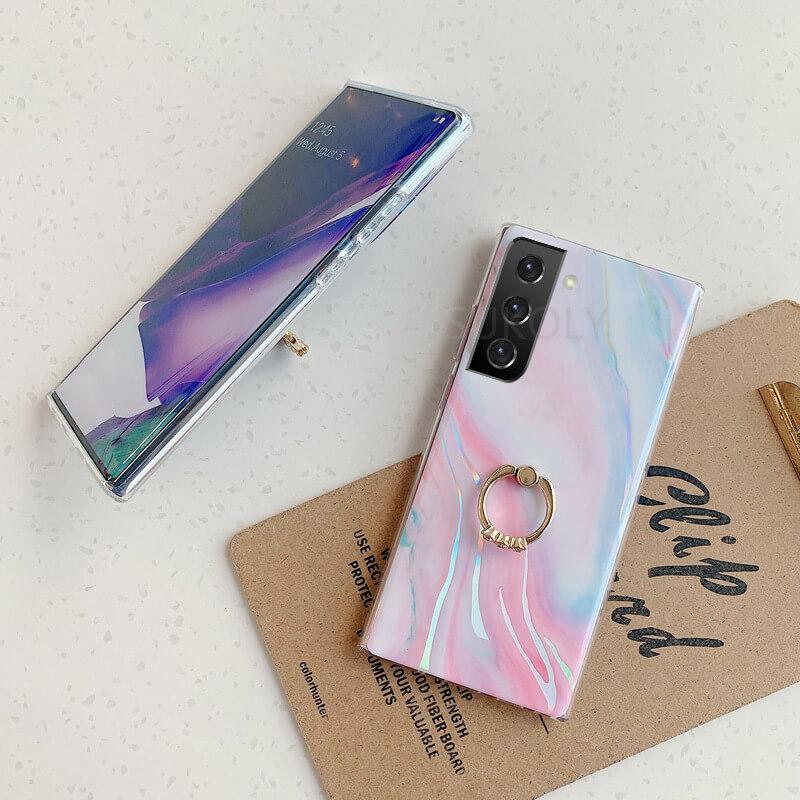 Laser Marble Pattern Ring Holder Protective Cover For Samsung S22 S21 S20