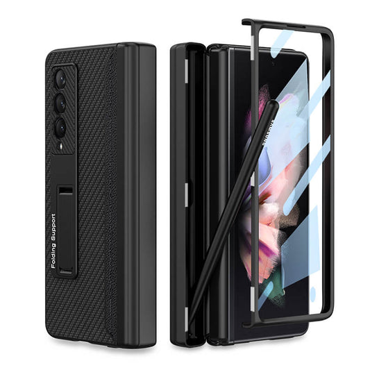 Magnetic Leather Frame Stand All-included Screen Glass Film Case With Hidden S Pen Slot For Samsung Galaxy Z Fold 3 5G - GiftJupiter