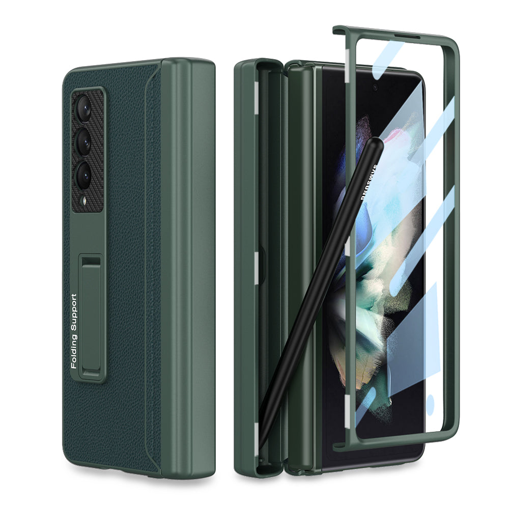 Magnetic Hinge Leather Case For Samsung Galaxy Z Fold 3 Case All-included Screen Tempered Glass Pen Cover For Galaxy Z Fold3