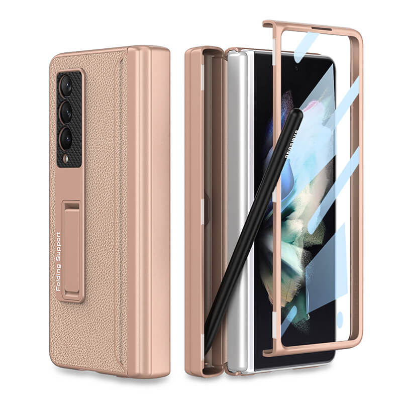 Magnetic Leather Frame Stand All-included Screen Glass Film Case With Hidden S Pen Slot For Samsung Galaxy Z Fold 3 5G - GiftJupiter