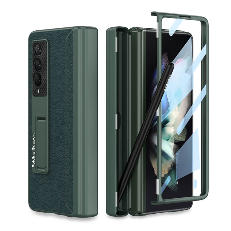 Magnetic Leather Frame Stand All-included Screen Glass Film Case With Hidden S Pen Slot For Samsung Galaxy Z Fold 3 5G - GiftJupiter