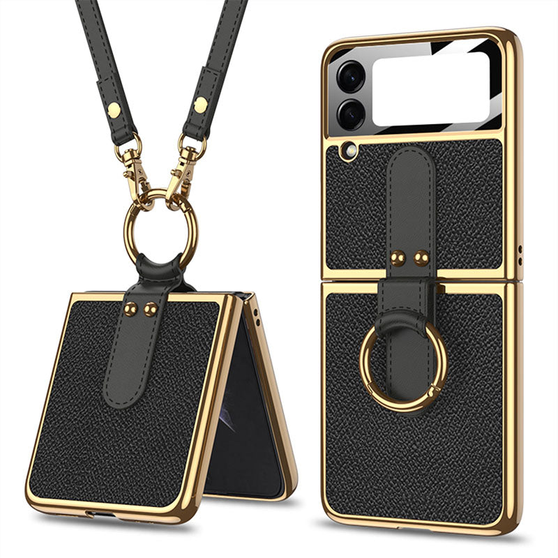 Leather Back Screen Tempered Glass Hard Frame Case For Samsung Galaxy Z Flip4 5G With Lanyard