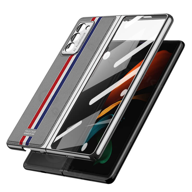 Luxury Leather Carbon Fiber Plating Case For Samsung Galaxy Z Fold3 Fold2 With Tempered Glass Screen