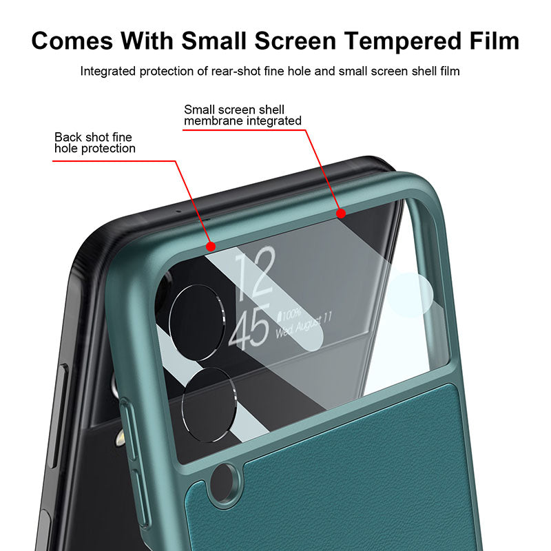 Original Leather Back Screen Tempered Glass Hard Frame Cover For Samsung Z Flip 3 5G