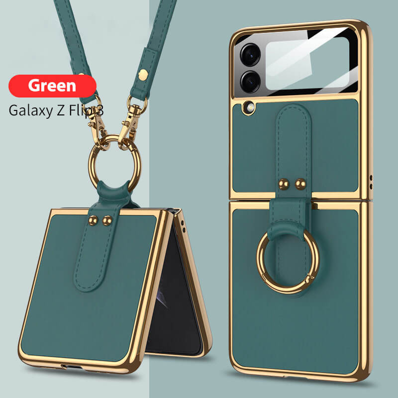 Luxury Leather Back Screen Tempered Glass Hard Frame Cover For Samsung Z Flip 3 5G With Lanyard