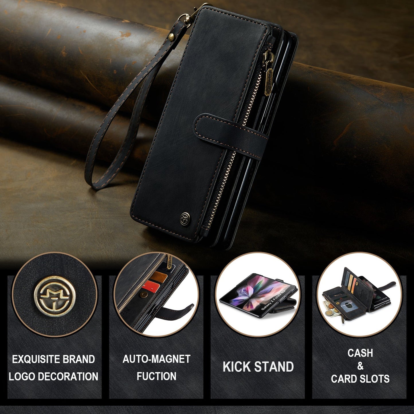 Leather Samsung Galaxy Z Fold4 5G Wallet Case With Lanyard Strap Wristlet Zipper Card Holder Case