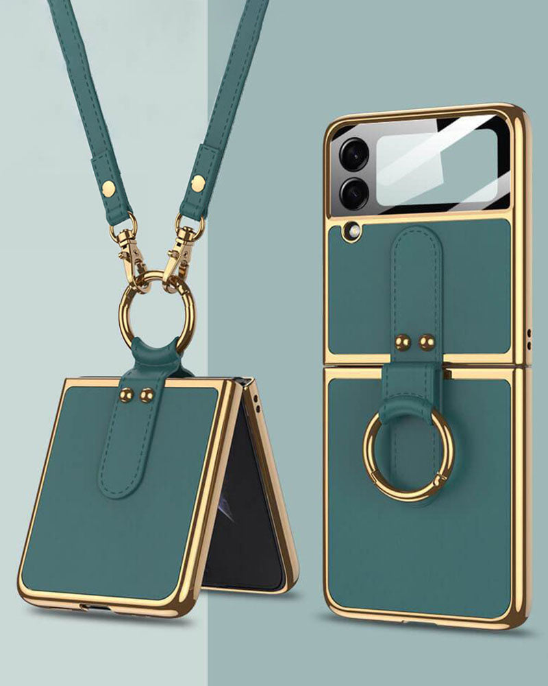 Leather Back Screen Tempered Glass Hard Frame Case For Samsung Galaxy Z Flip4 5G With Lanyard