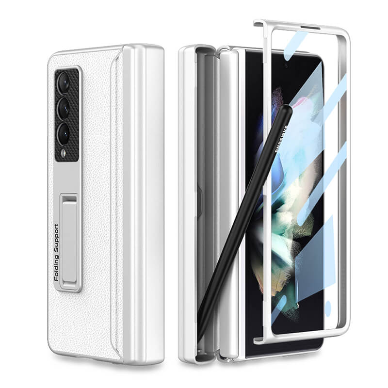 Magnetic Leather Frame Stand All-included Screen Glass Film Case With Hidden S Pen Slot For Samsung Galaxy Z Fold 3 5G - GiftJupiter