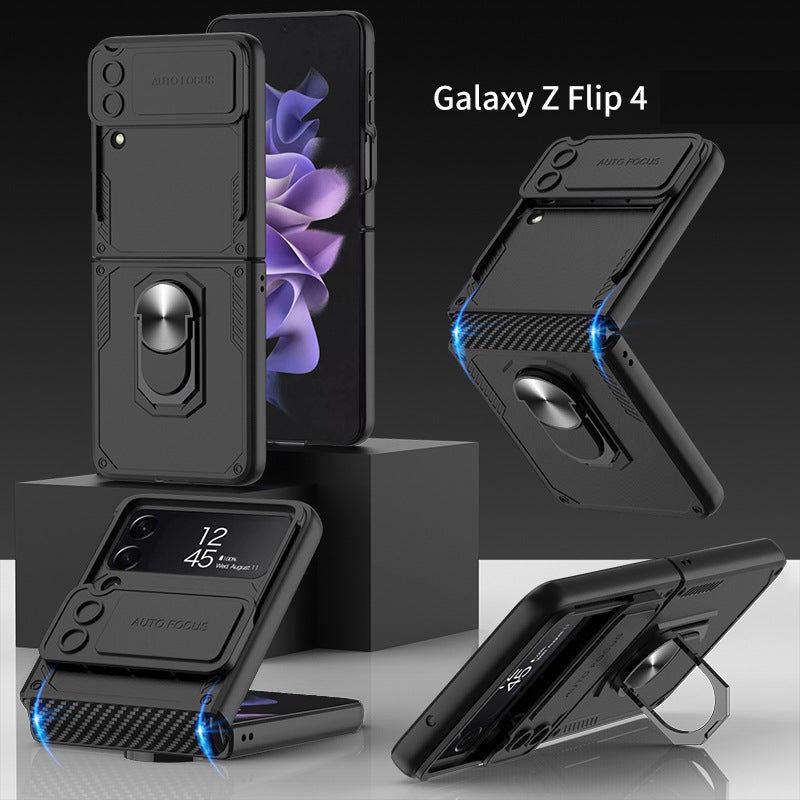  for Z Flip4 5G 2022 case 360°with Ring Luxury Electroplated PU  Leather Cover Compatible with Samsung Galaxy Z Flip 4 5G Case Built-in  Screen Protector Camera Phone Case (Black) : Cell